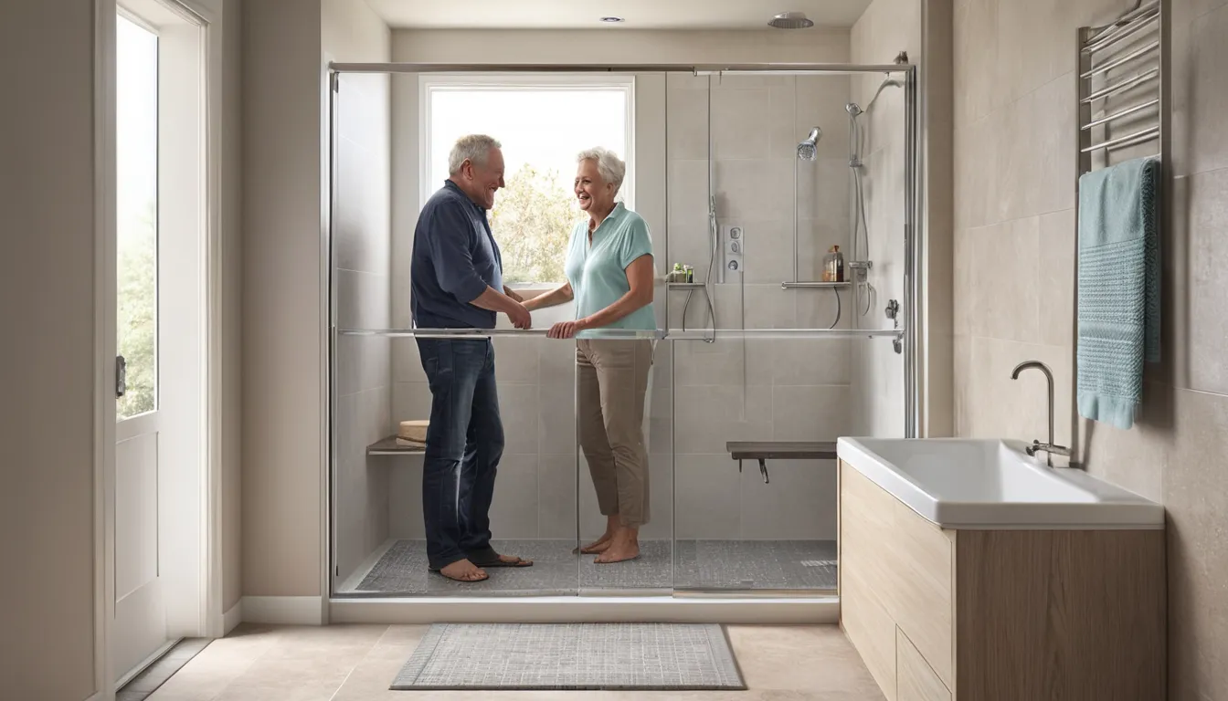 Independent provider showing a homeowner a new low-entry shower in a bright Temple Terrace bathroom