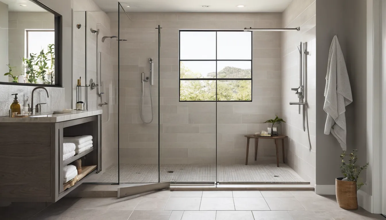 A bright walk-in shower with a low threshold, bench seat and grab bars in a Temple Terrace home